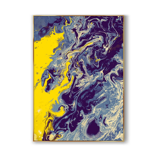 A large colorful graffiti fluid art, poured with yellow, blue and white, hangable vertically and horizontally. 