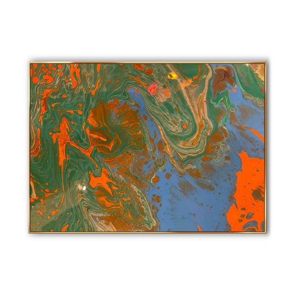 A large abstract graffiti wall art, hand painted with orange, blue, green and other colors, mixing abstract randomness and visual appeal with natural flows. 