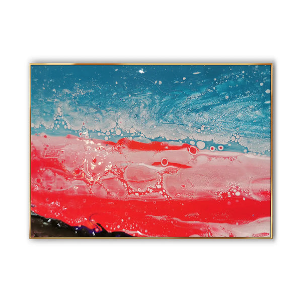 A large abstract graffiti wall art on canvas with red and blue as the primary color. 