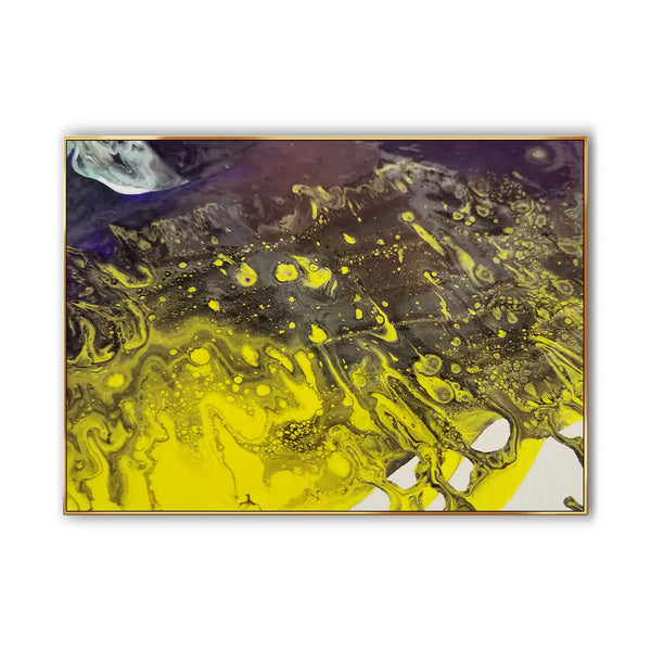 A large abstract graffiti wall art on canvas with yellow, black and blue as the main color. 