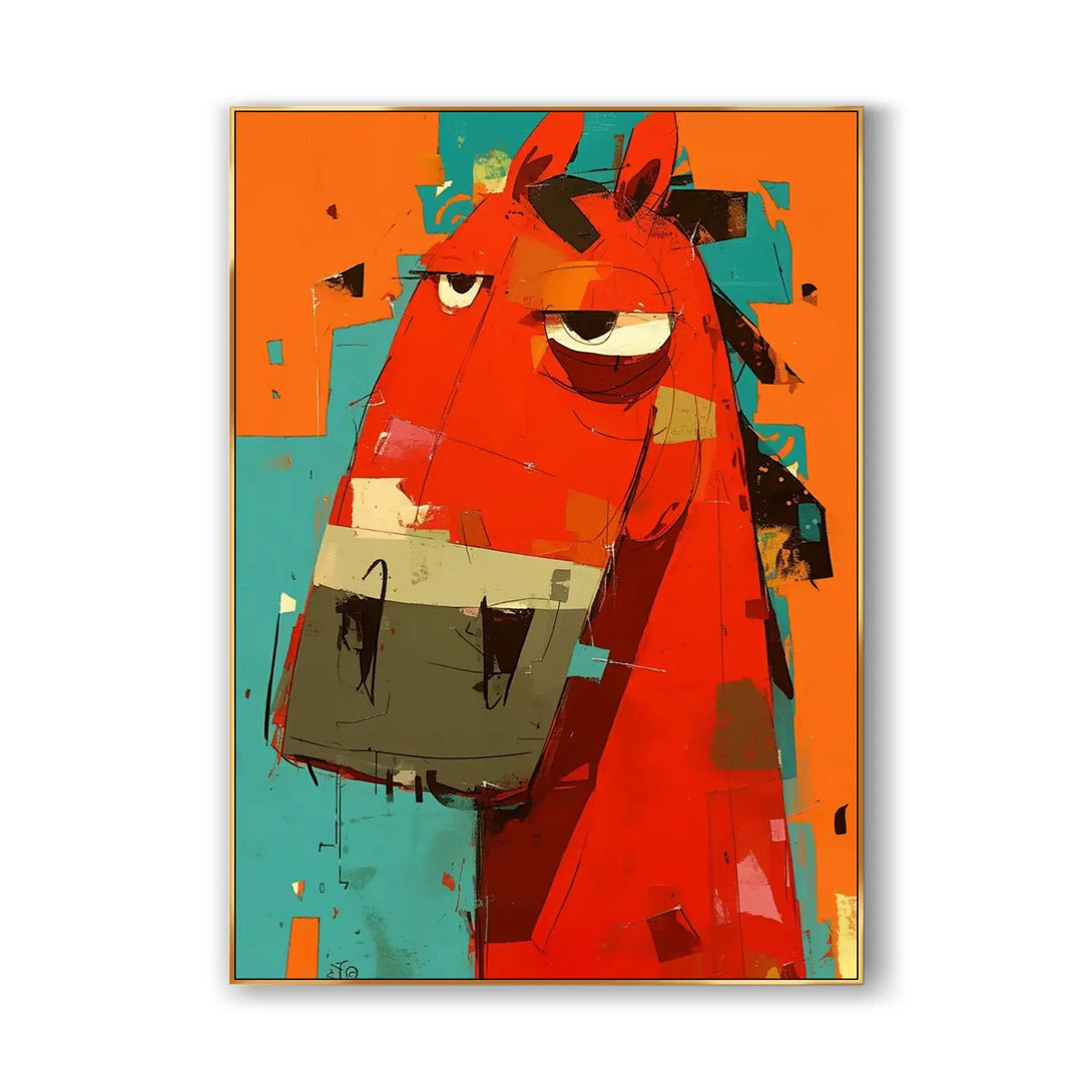 A large vertical handcrafted abstract painting of a horse in red, against a green and orange background. 