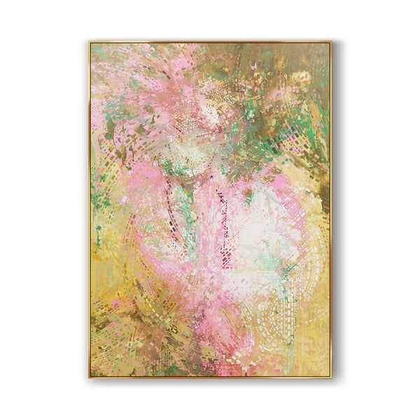 An abstract painting in pink, orange, white and yellow