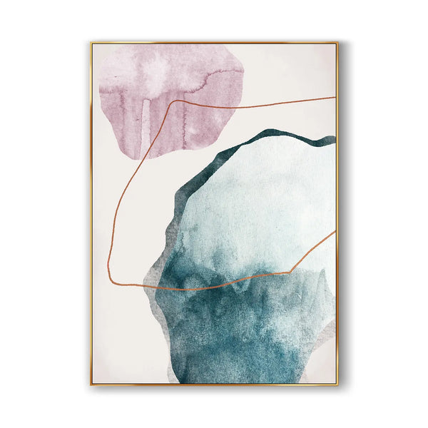 An abstract pink and blue painting against a white backdrop 
