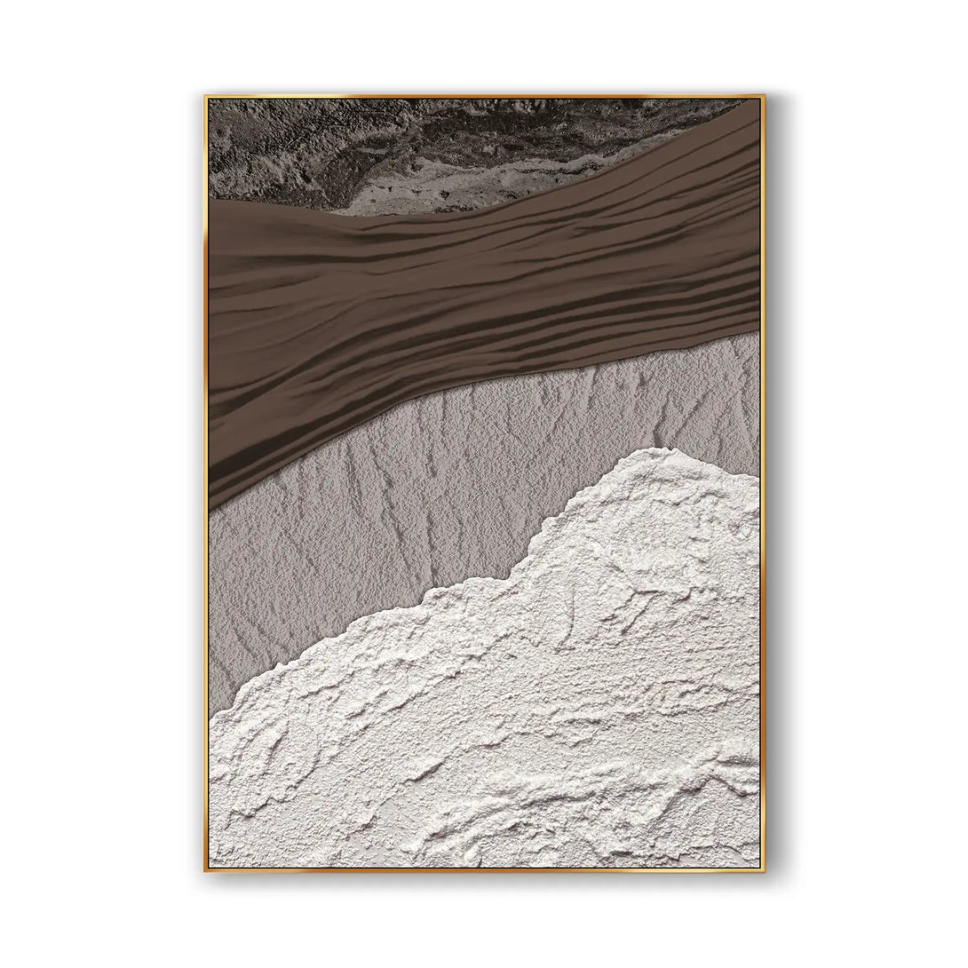 A colored Wabi-sabi wall art with textures, in grey, beige, brown, and other colors.  