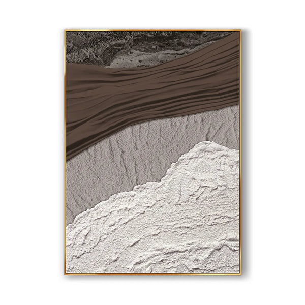 A colored Wabi-sabi wall art with textures, in grey, beige, brown, and other colors.  