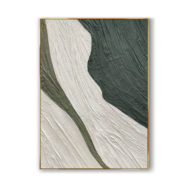 A colored Wabi-sabi wall art piece with textures, in dark green, white, light green and other colors.