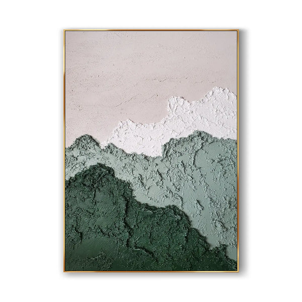 A colored Wabi-sabi wall art piece with textures, in green, white and other colors.  It depicts the ocean and waves in an abstract way.