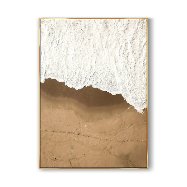 An abstract Wabi-sabi wall art piece with textures, depicting the ocean in white and beach in brown. 