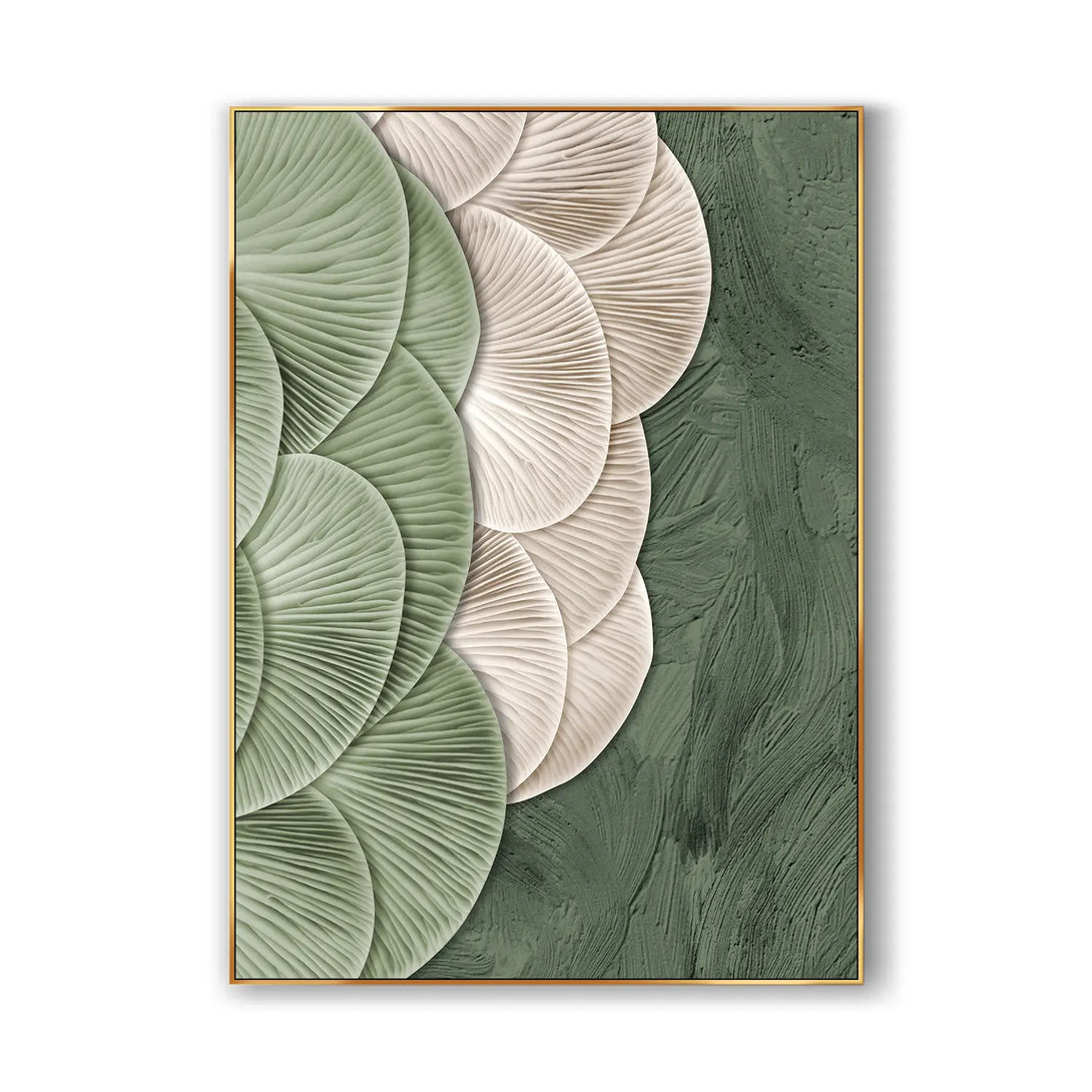 A textured Wabi-sabi wall art with green and white fan patterns