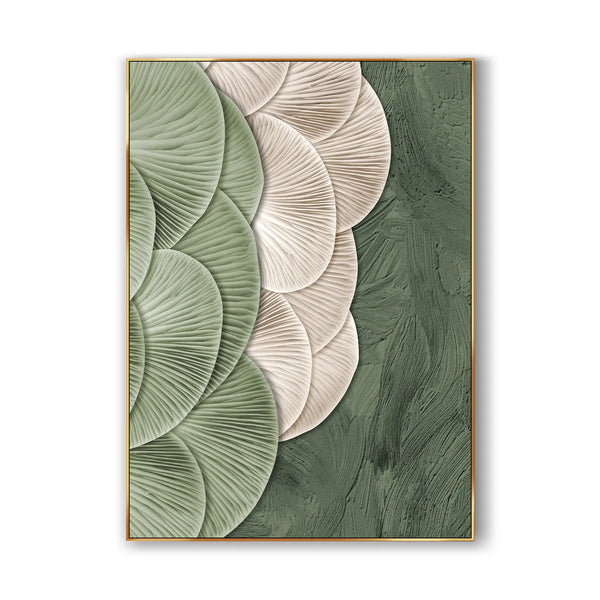 A textured Wabi-sabi wall art with green and white fan patterns