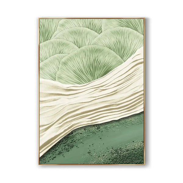 A abstract textured wall art in Wabi-Sabi style with green and white patterns
