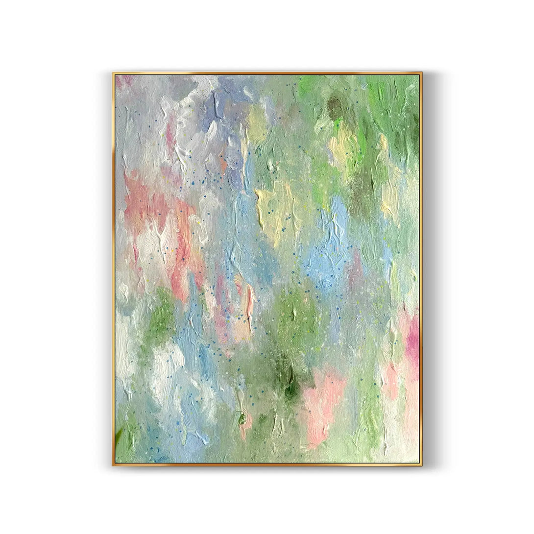  A large abstract colorful textured wall art on canvas, hand painted in pink, blue, green, yellow, white, etc. 