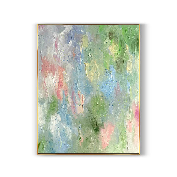  A large abstract colorful textured wall art on canvas, hand painted in pink, blue, green, yellow, white, etc. 