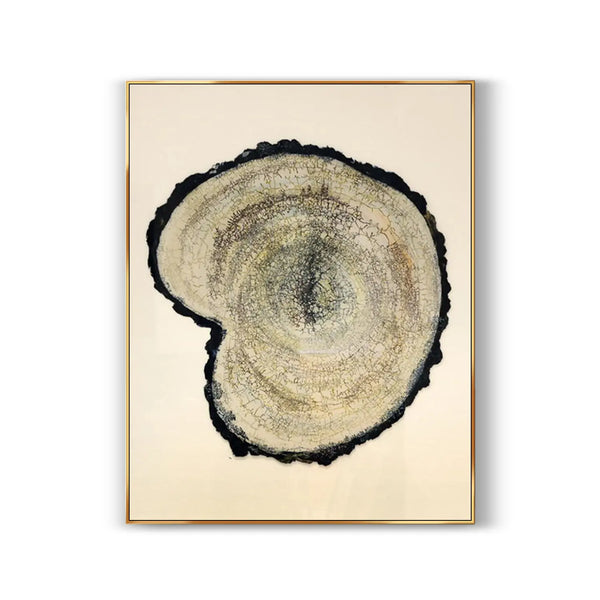 A contemporary minimalist artwork depicting a tree ring in beige and black against a beige backdrop 