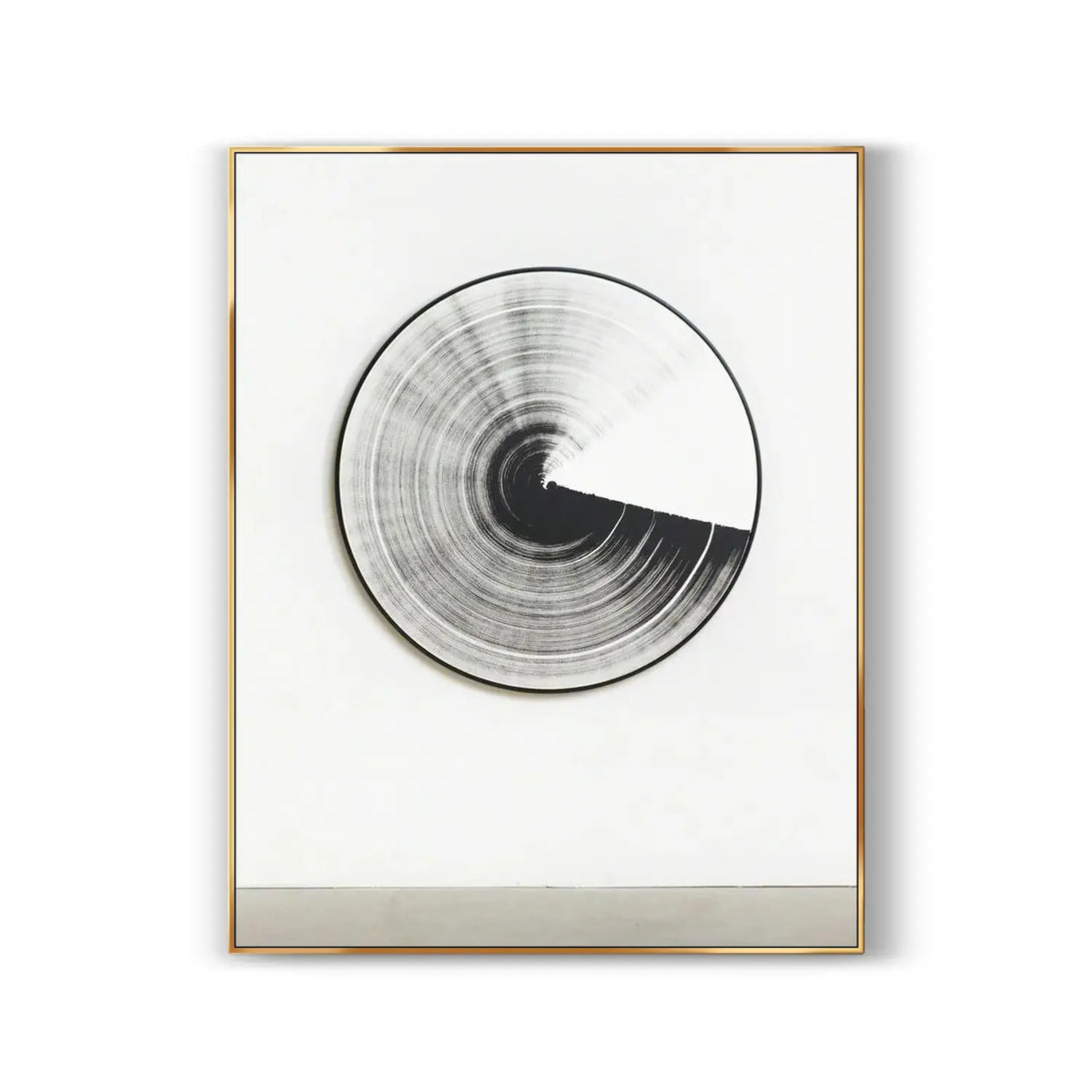 A contemporary minimalist artwork in black and white, with a disc-shaped pattern in the middle of the canvas 