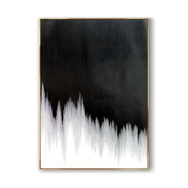 A black contemporary minimalist artwork with irregular and dense white lines and patterns. 