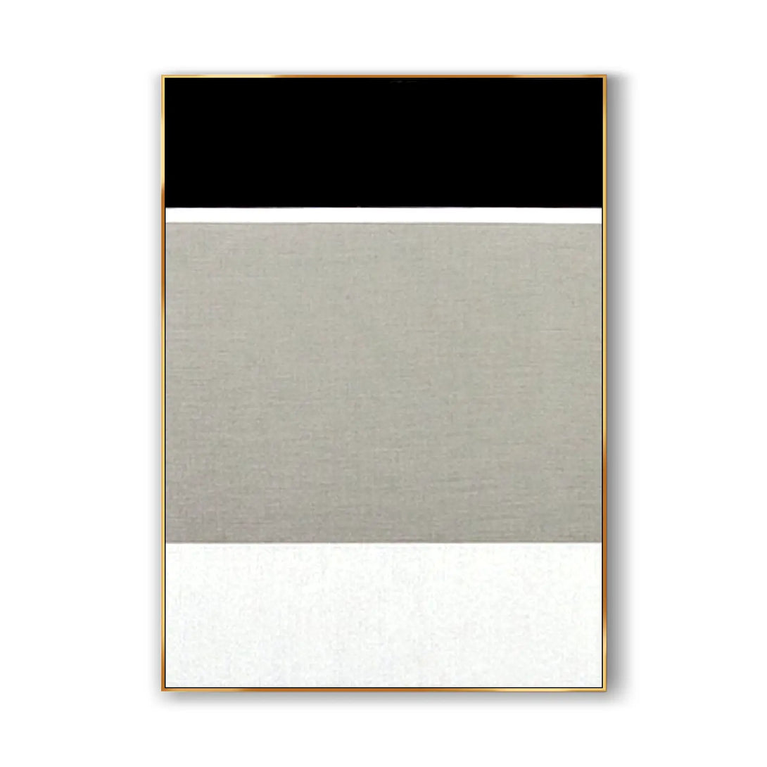 A contemporary minimalist painting of black, white and grey with geometric shapes.