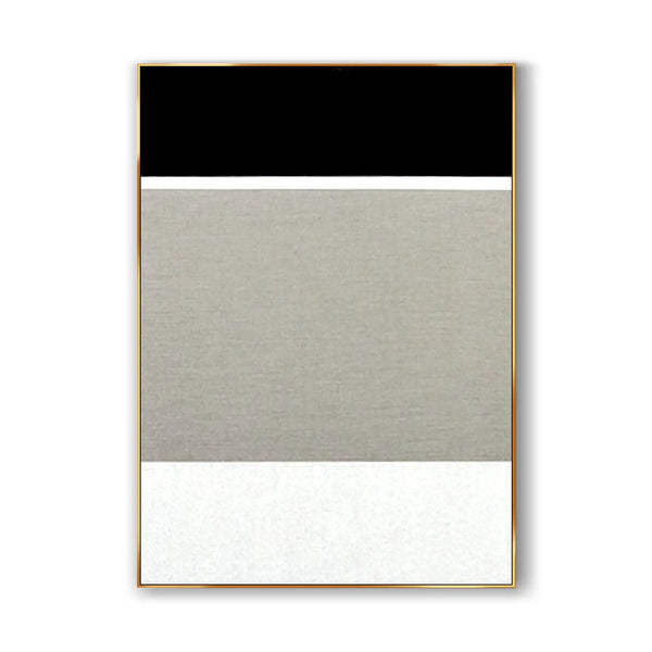 A contemporary minimalist painting of black, white and grey with geometric shapes.