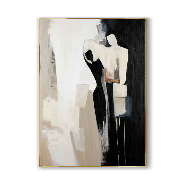 A contemporary minimalist artwork in black, white and beige, depicting 2 figures. 