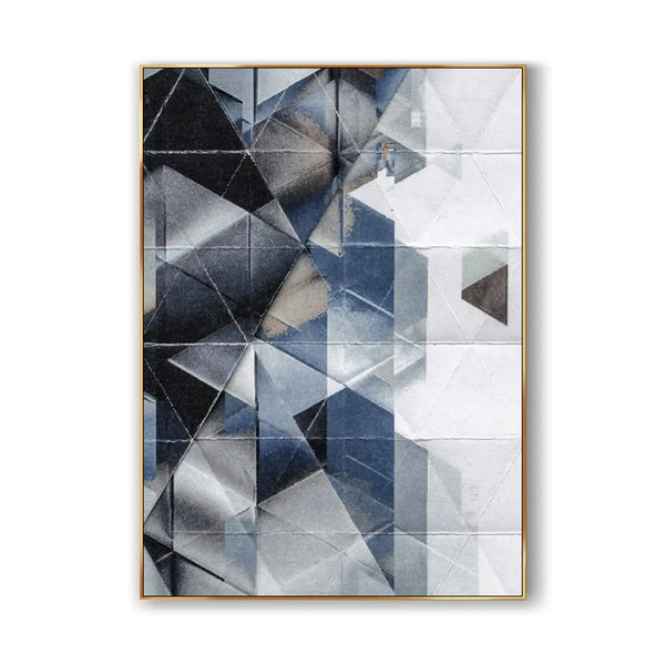 A contemporary blue and white minimalist painting with geometric shapes.