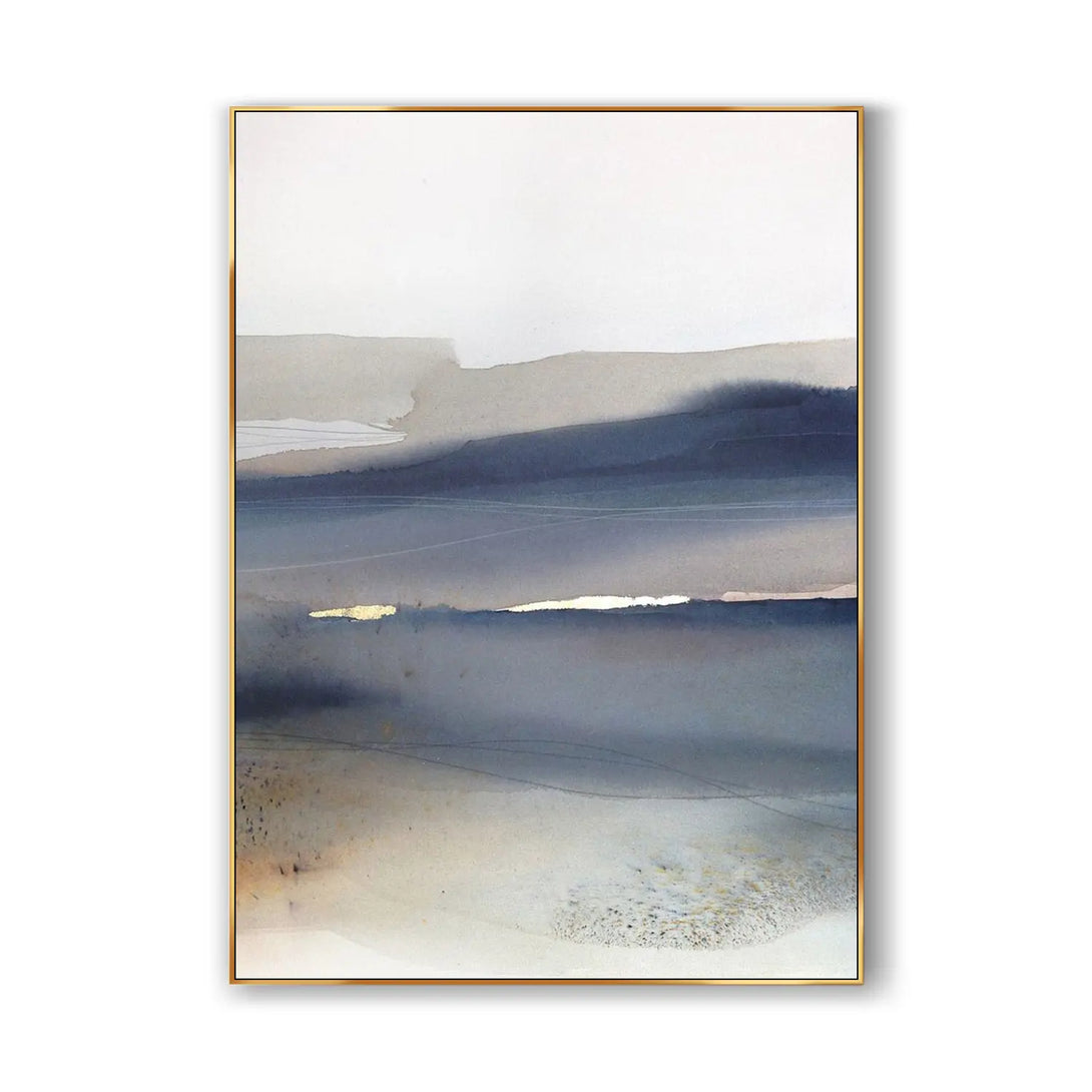 A contemporary minimalist artwork in blue and white, depicting mountain ranges with a hint of brown and purple. 