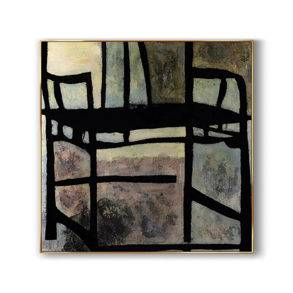 A contemporary minimalist artwork in black, blue, brown, pink, beige and other colors. 