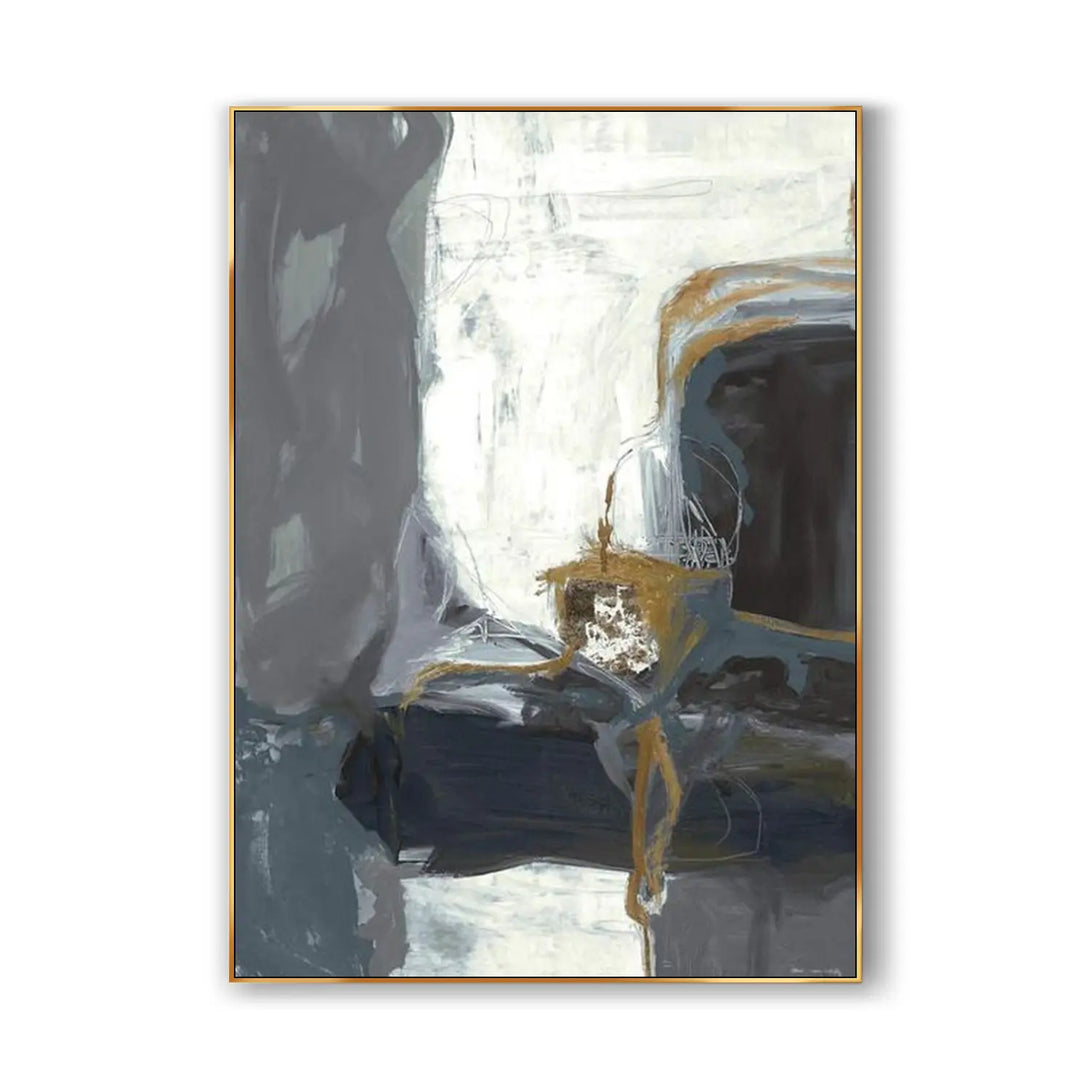A contemporary minimalist artwork in grey, white and brown