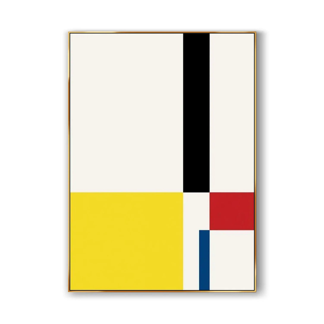 A large contemporary minimalist abstract painting in yellow, white, red, black and blue. 