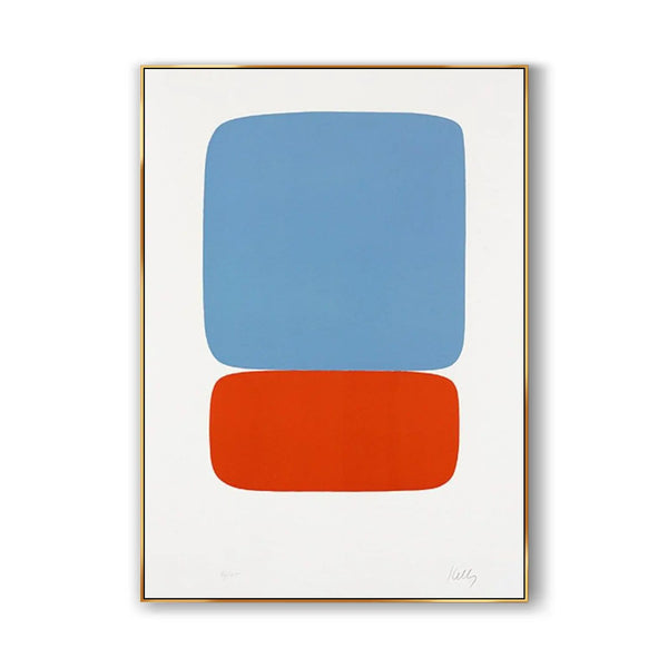 A large contemporary minimalist painting in blue, red and white. 
