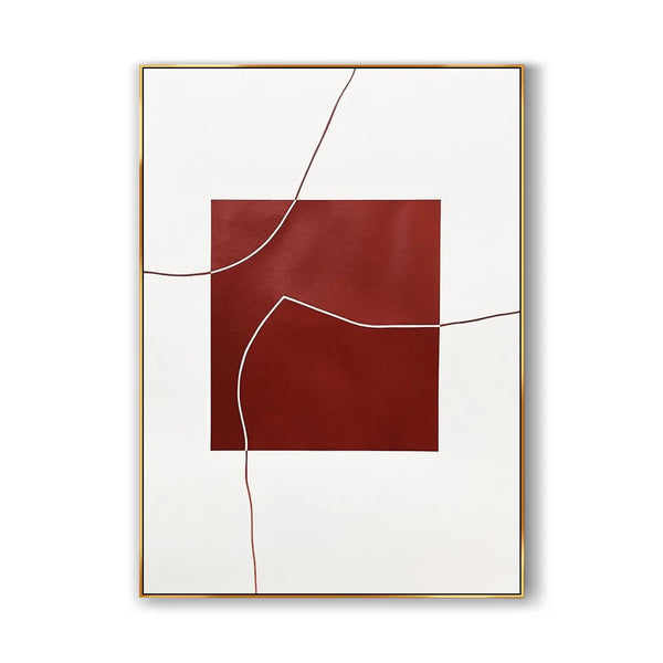 A large contemporary minimalist painting in white and red.