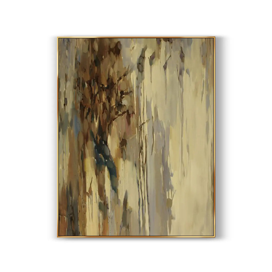 A contemporary minimalist wall art in brown, purple, yellow and white, depicting leaves reflected on a wall