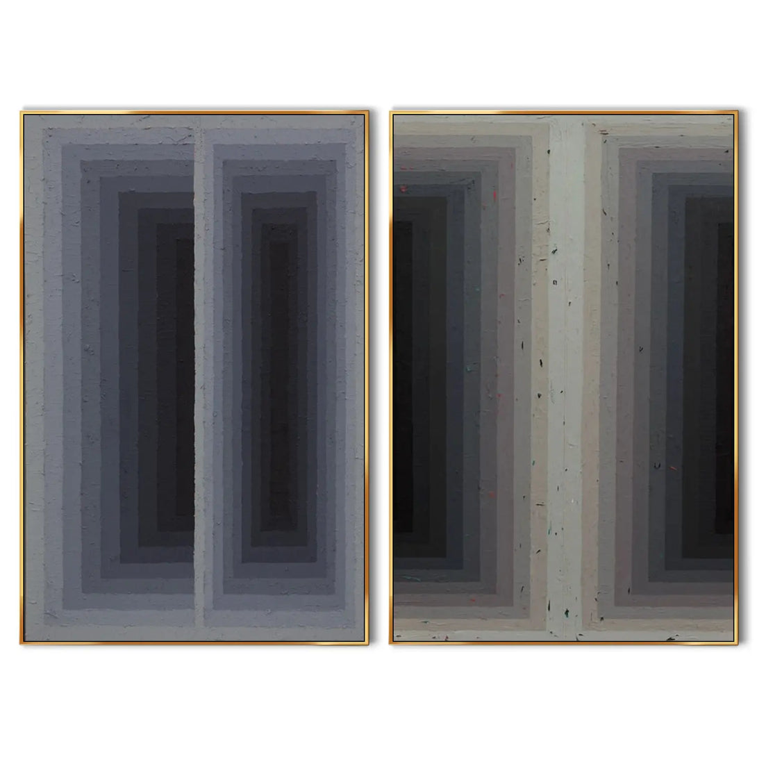 a set of 2 blue and grey minimalist space paintings 