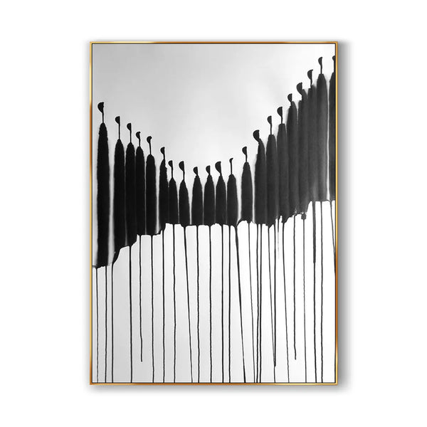  An abstract minimalist painting depicting crowds of figures in black shades, against a white canvas. 