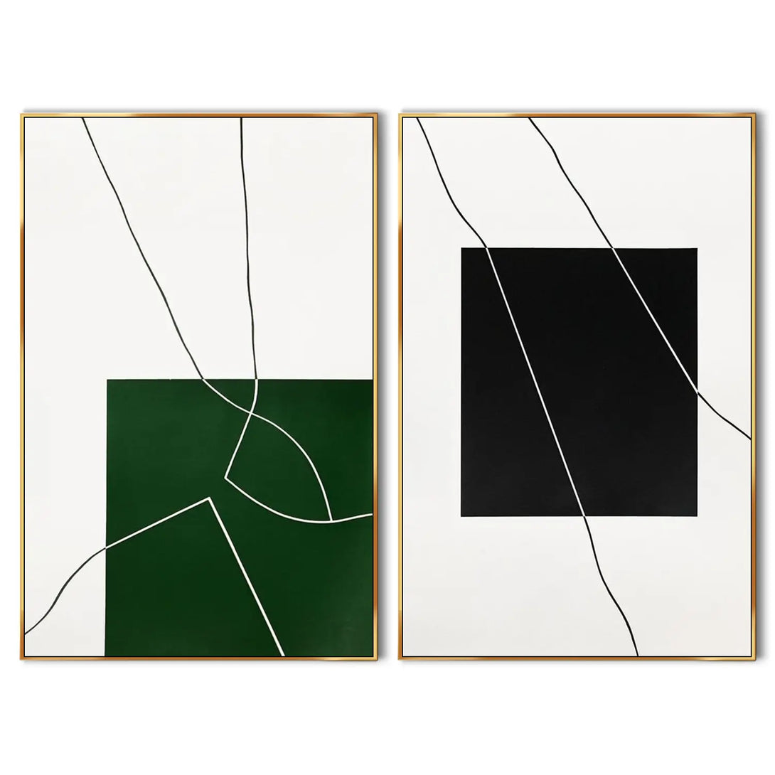 a set of 2 green and black minimalist abstract paintings 