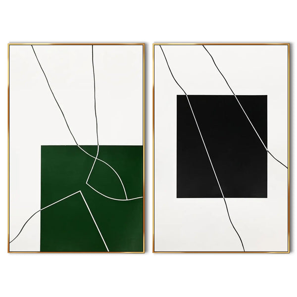 a set of 2 green and black minimalist abstract paintings 