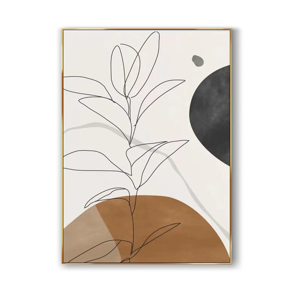 An abstract minimalist painting depicting a plant in lines, and brown and black shades, against a white backdrop. 