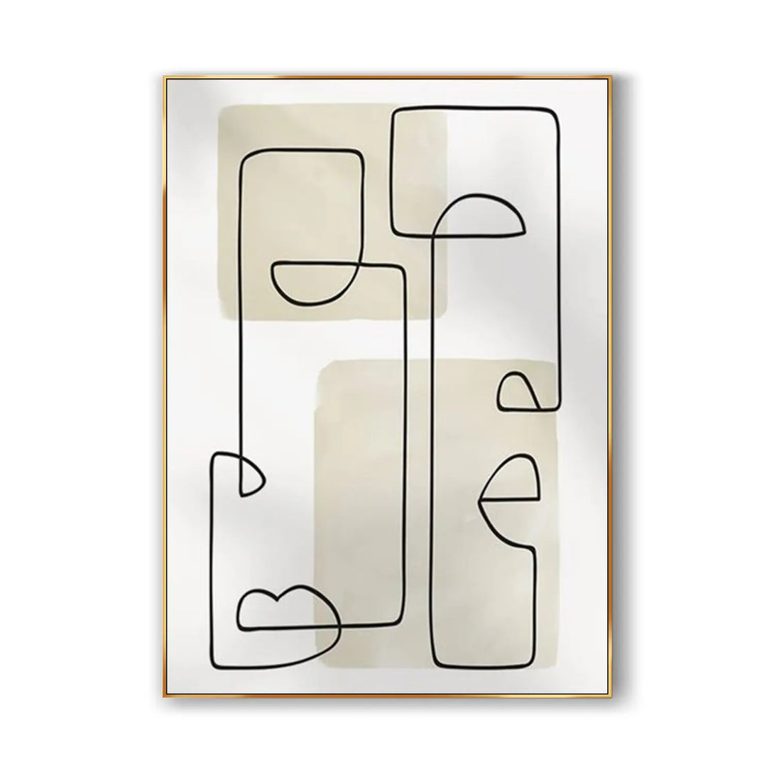 An abstract minimalist painting depicting two faces in black lines, on a white canvas.