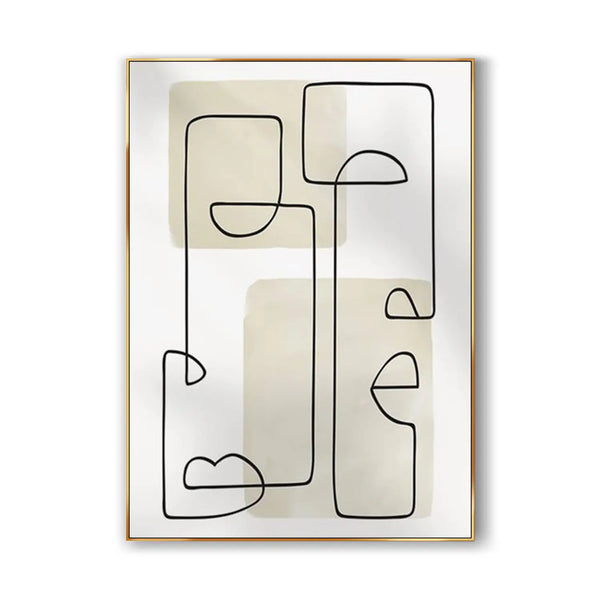 An abstract minimalist painting depicting two faces in black lines, on a white canvas.