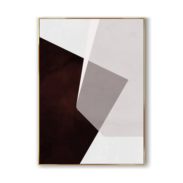 A contemporary minimalist painting of red, white and grey with geometric shapes. 