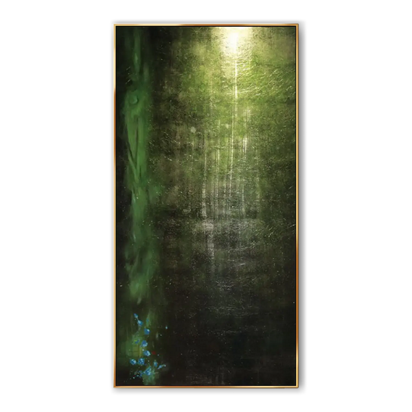 A green abstract painting on canvas