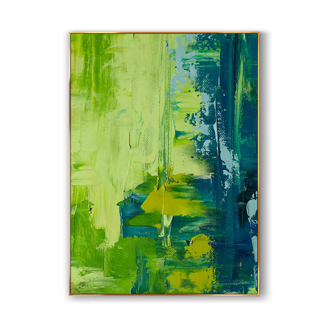 An abstract colorful painting featuring green and blue. 