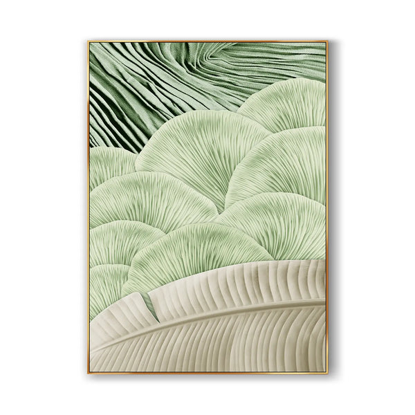 A colored Wabi-sabi wall art piece with green and beige textures.