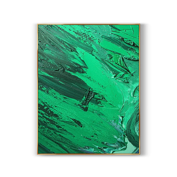 An abstract green textured painting. 