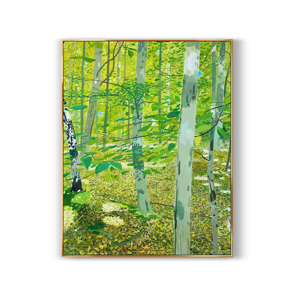 A large vertical bright green forest painting with a lot of trees.