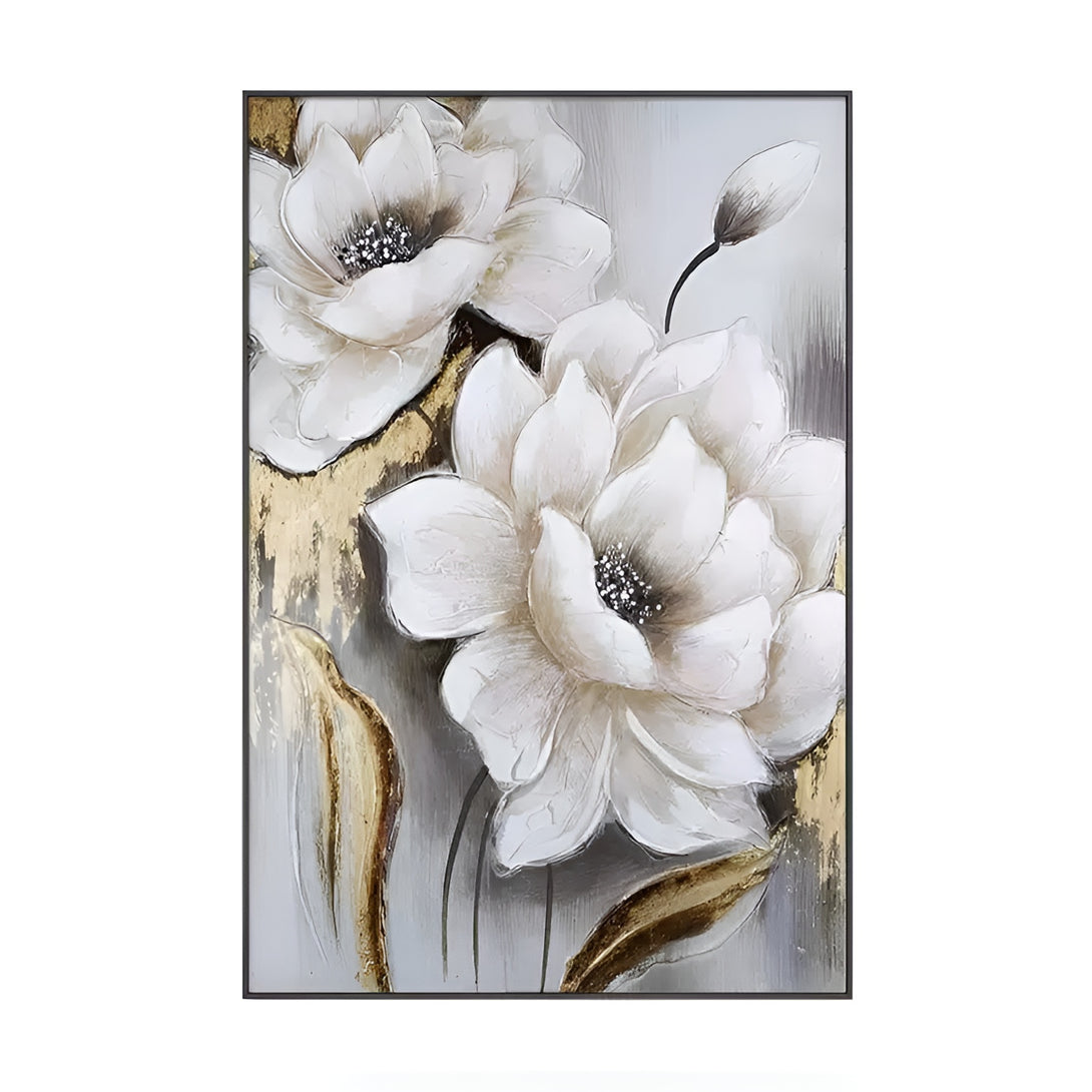 A large vertical abstract painting in white, grey and gold, featuring blooming lotus flowers and buds.