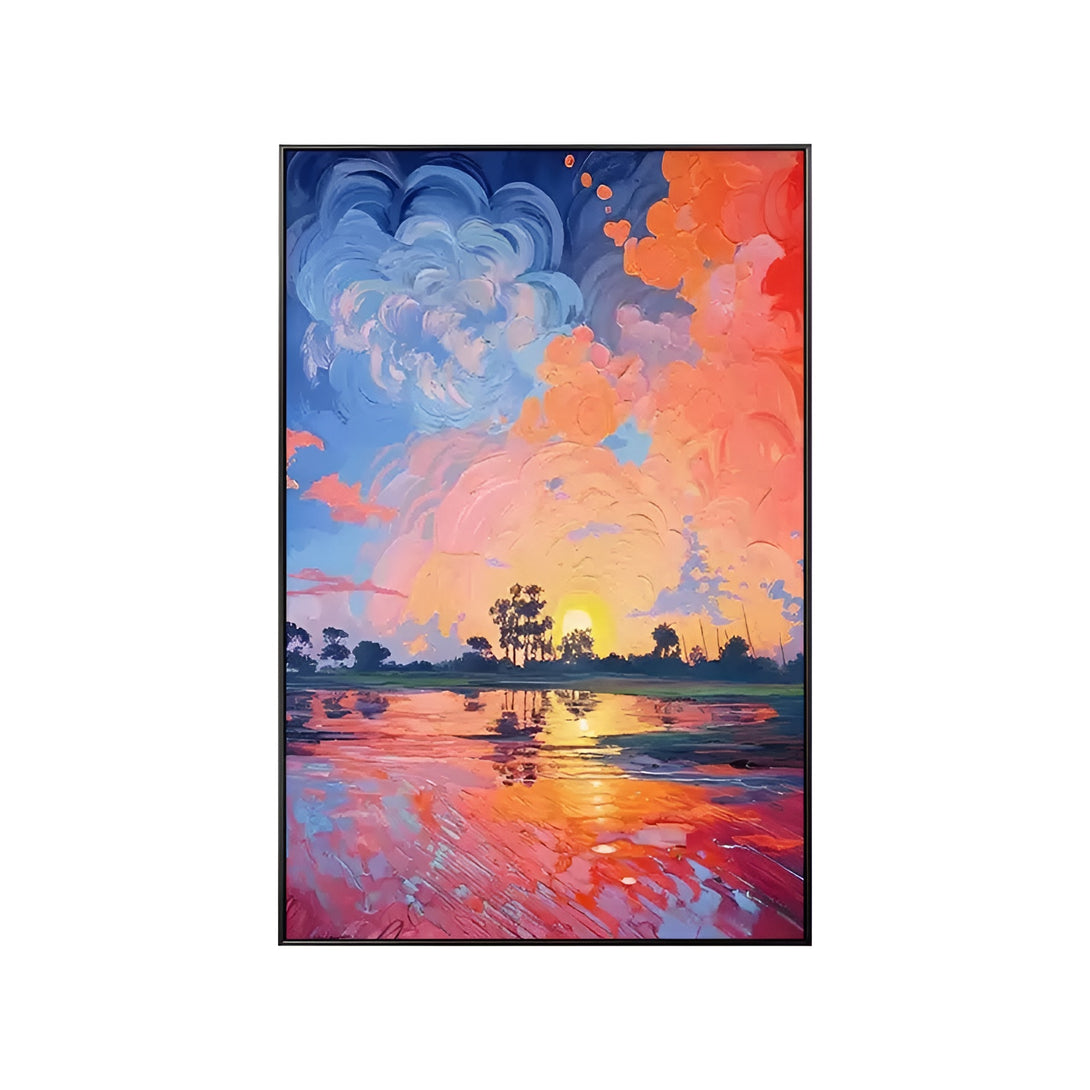 A large abstract vertical landscape painting with blue and red clouds in the sky, and trees and greenery, all beautifully reflected on water. 