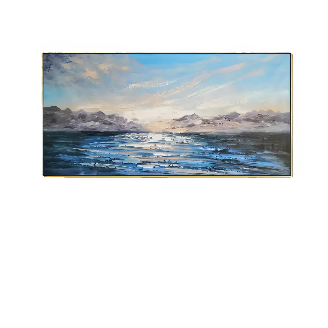 A large horizontal textured painting featuring blue water near a range of small hills, all beneath a serene blue sky adorned with soft, white strip-like clouds.
