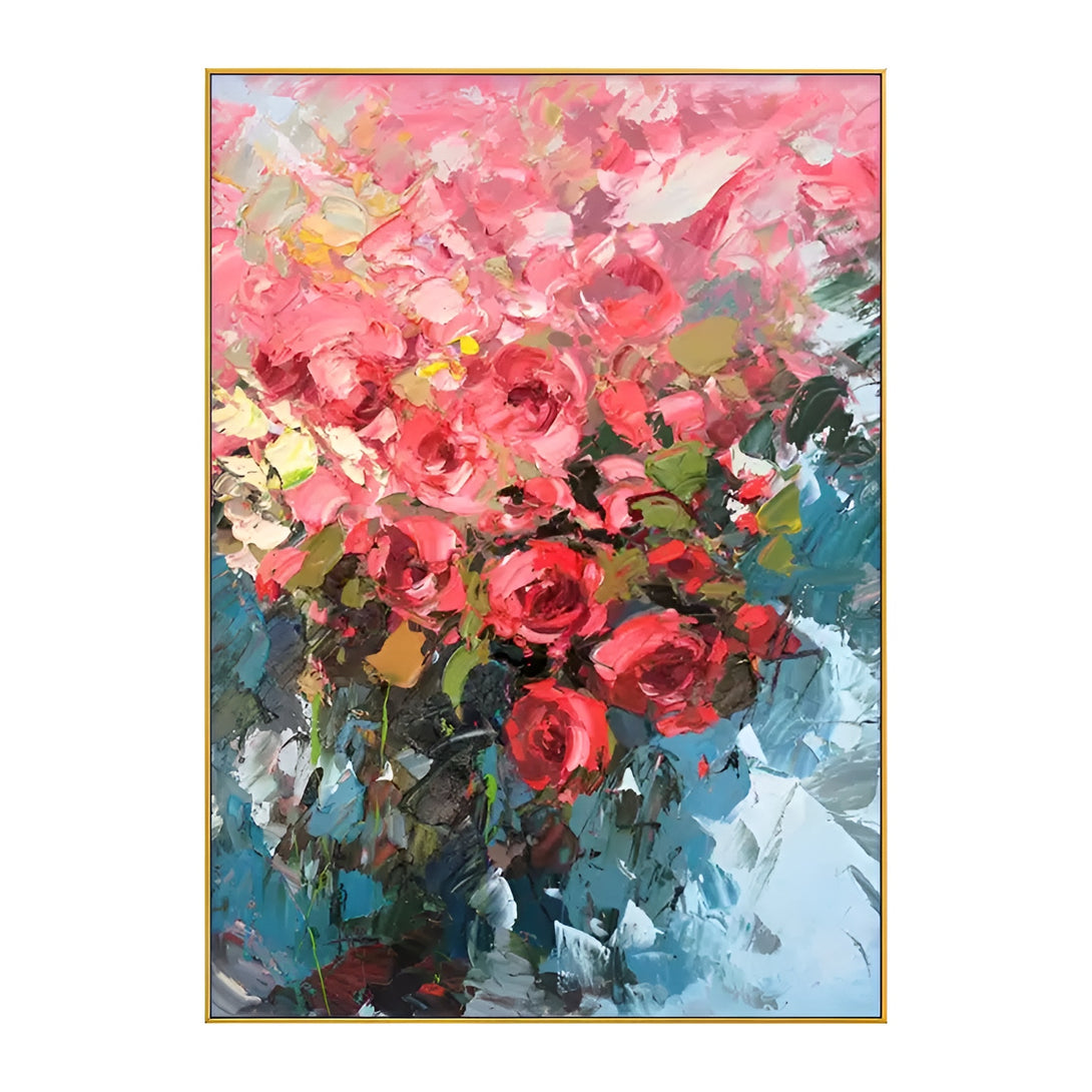 a large vertical abstract flower painting with red, pink and yellow roses with green leaves, against a blue backdrop. 