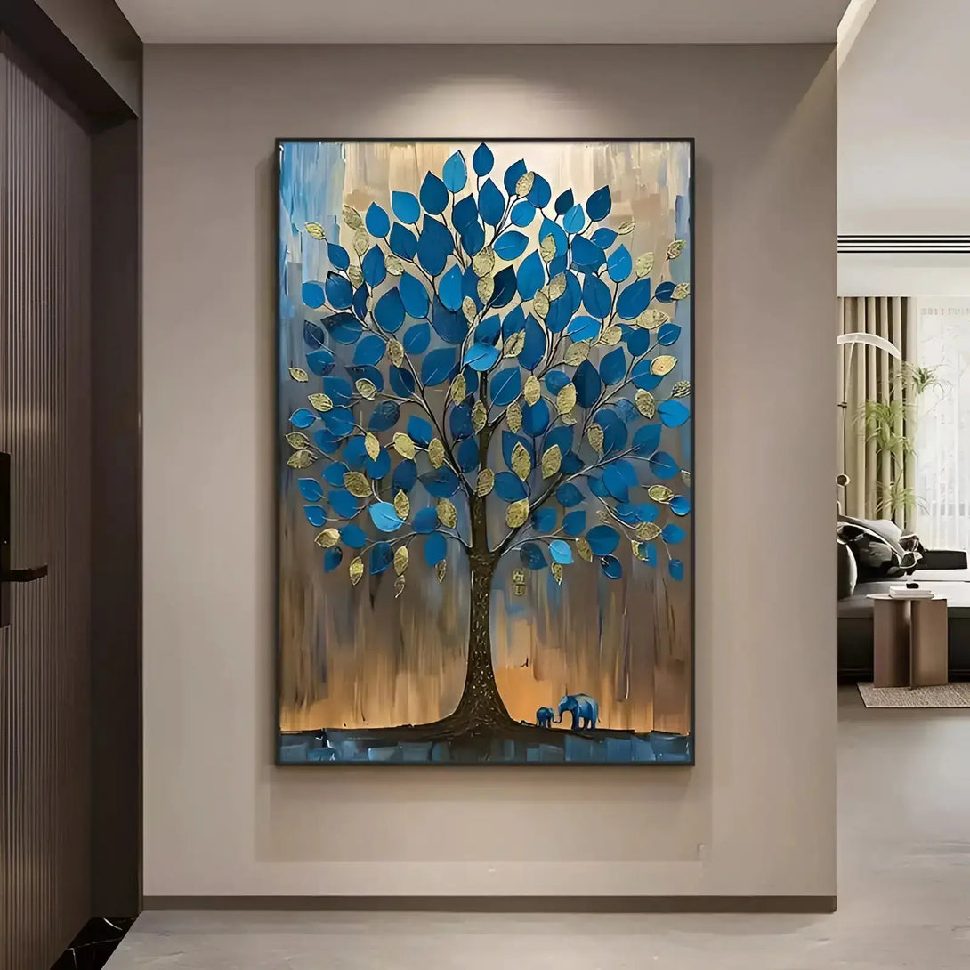 A large vertical wall art of a tall tree with blue leaves and brown trunk and branches, against a brown backdrop. 