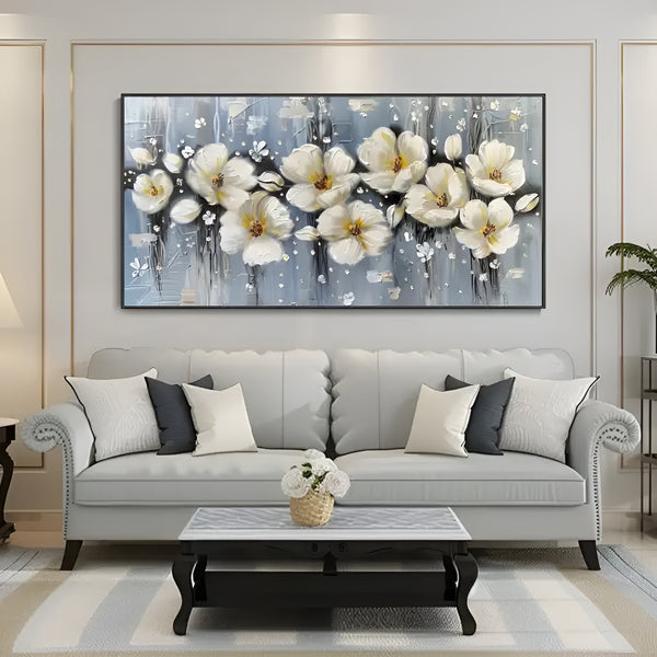 A large horizontal painting of white blossoms with yellow pistil